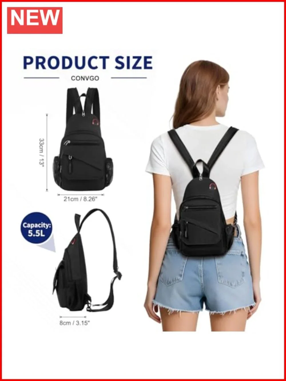 Convertible Anti-Theft Sling Bag Crossbody Backpack 3-in-1 Nylon Travel Daypack